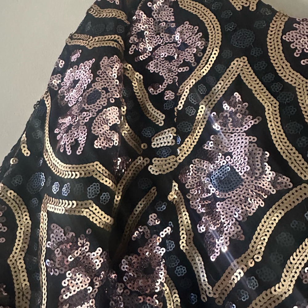 Anthropologie Black Mini Dress with Gold and Pink Sequins